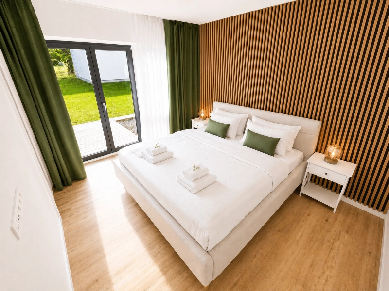 Ložnice apartmánu Javorná na Šumavě – manželská postel a vestavěné skříně