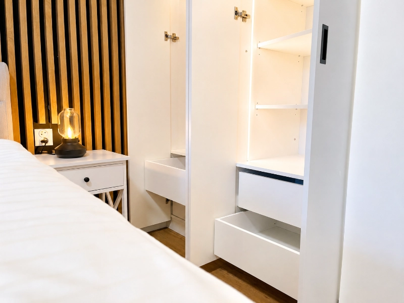 Ložnice apartmánu Javorná na Šumavě – úložný prostor a vestavěné skříně