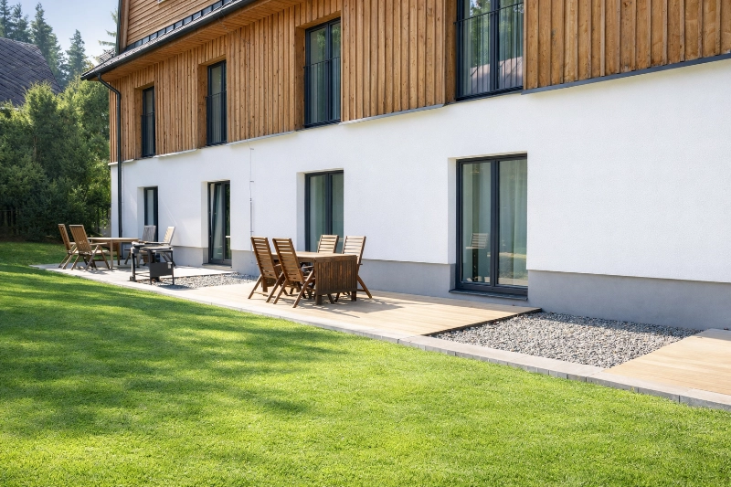 Venkovní terasa apartmánu Javorná na Šumavě – jídelní stůl a posezení