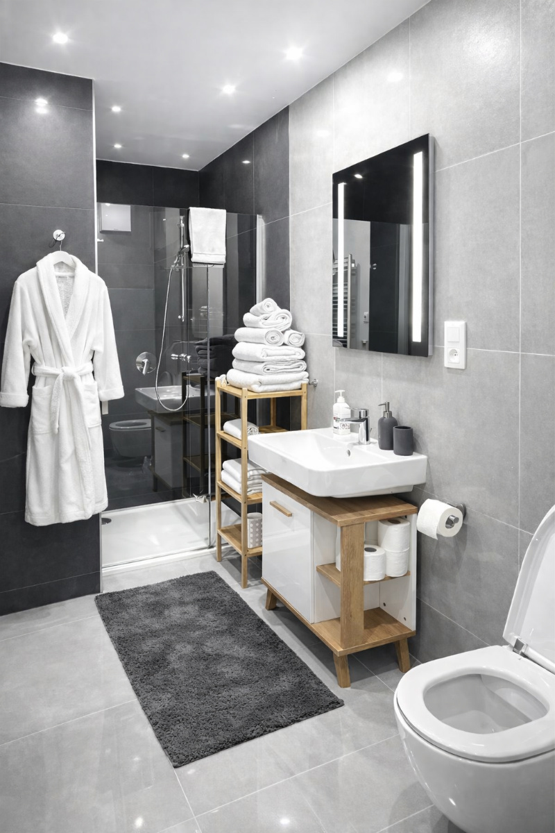 Koupelna apartmánu Javorná na Šumavě – sprchový kout a pračka se sušičkou