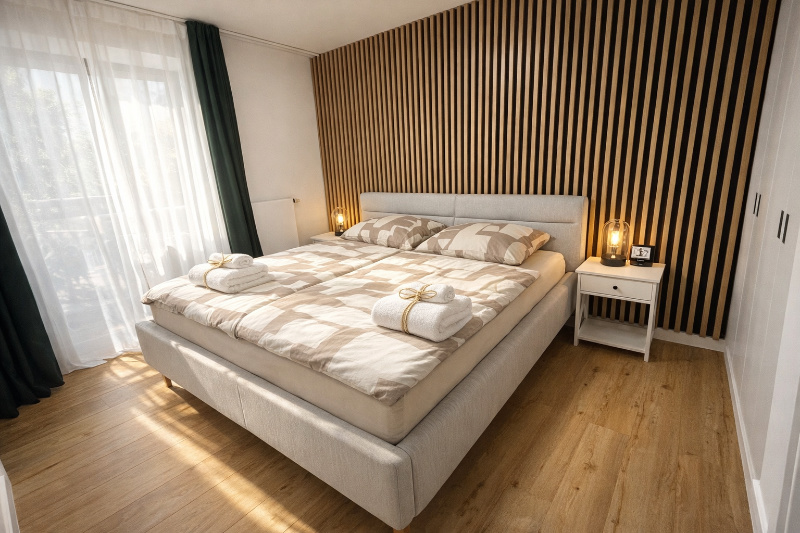 Ložnice apartmánu Javorná na Šumavě – manželská postel a vestavěné skříně