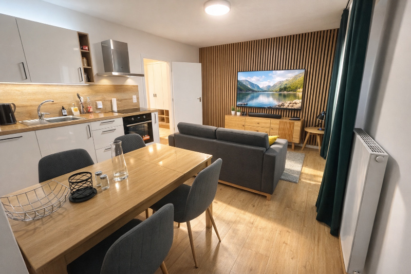 Obývací pokoj apartmánu Javorná na Šumavě – rozkládací gauč a Smart TV