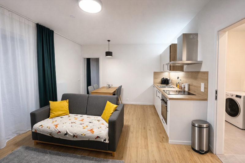 Obývací pokoj apartmánu Javorná na Šumavě – jídelní stůl a průchod na terasu