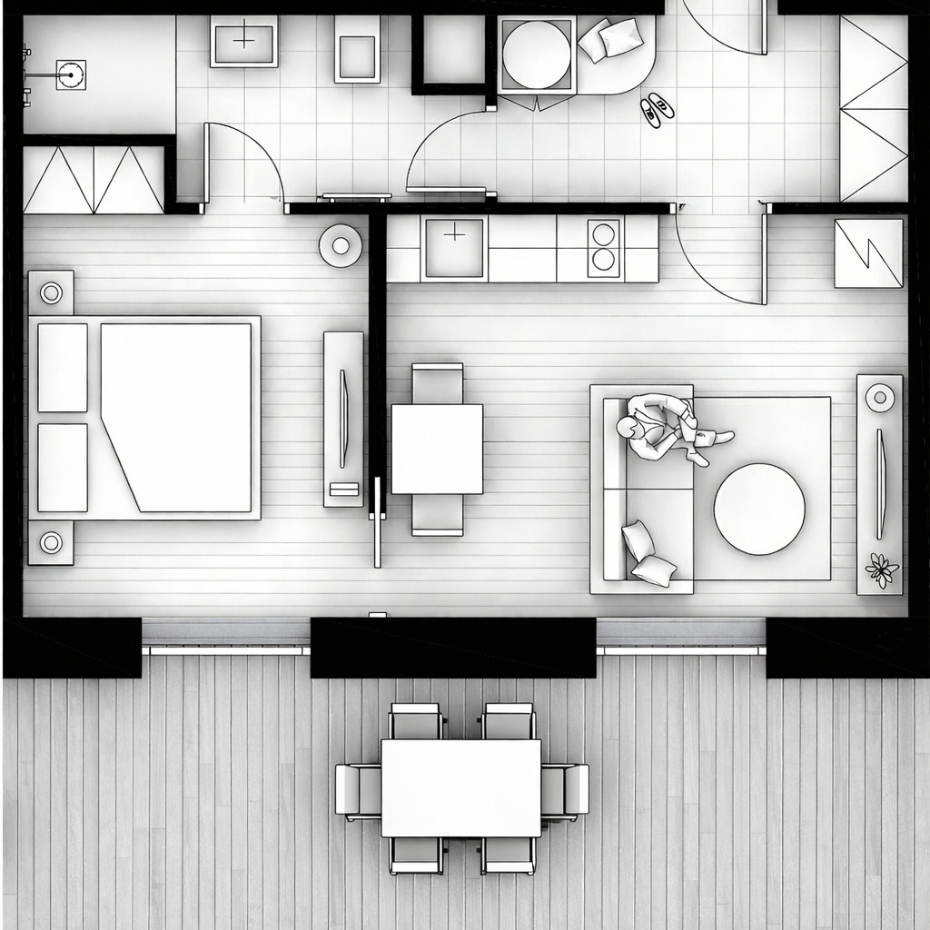 Půdorys apartmánu Javorná na Šumavě – dispozice 2+1 s terasou