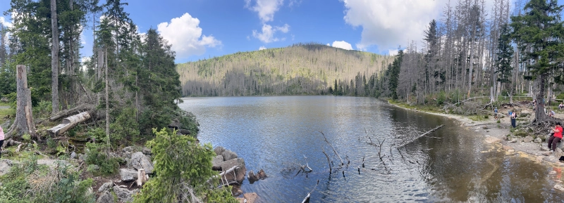 Čertovo jezero – panoramatický výhled na hladinu a lesnatý svah